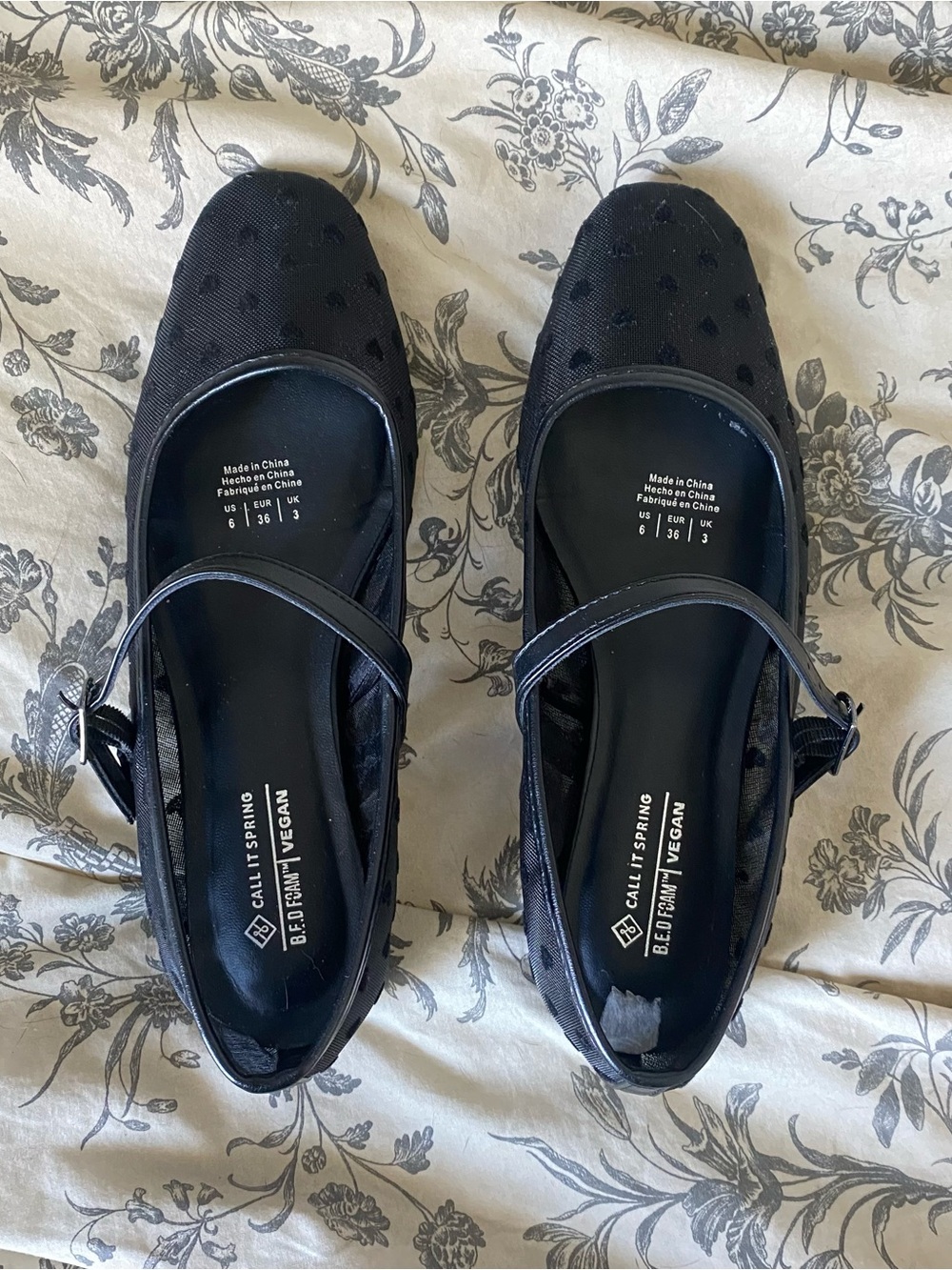Black Mesh Mary Jane Style Call It Spring Flats with Heart Pattern